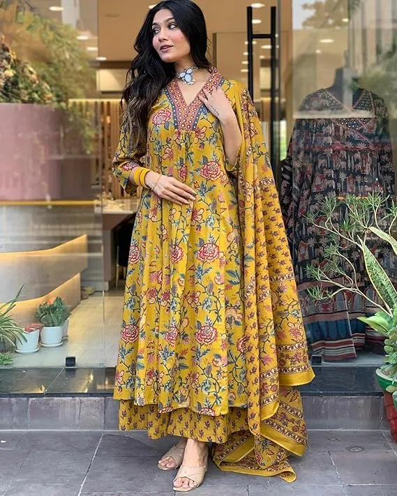 Kurta estampada Anarkali de mezcla de rayón para mujer con Palazzo y Dupatta