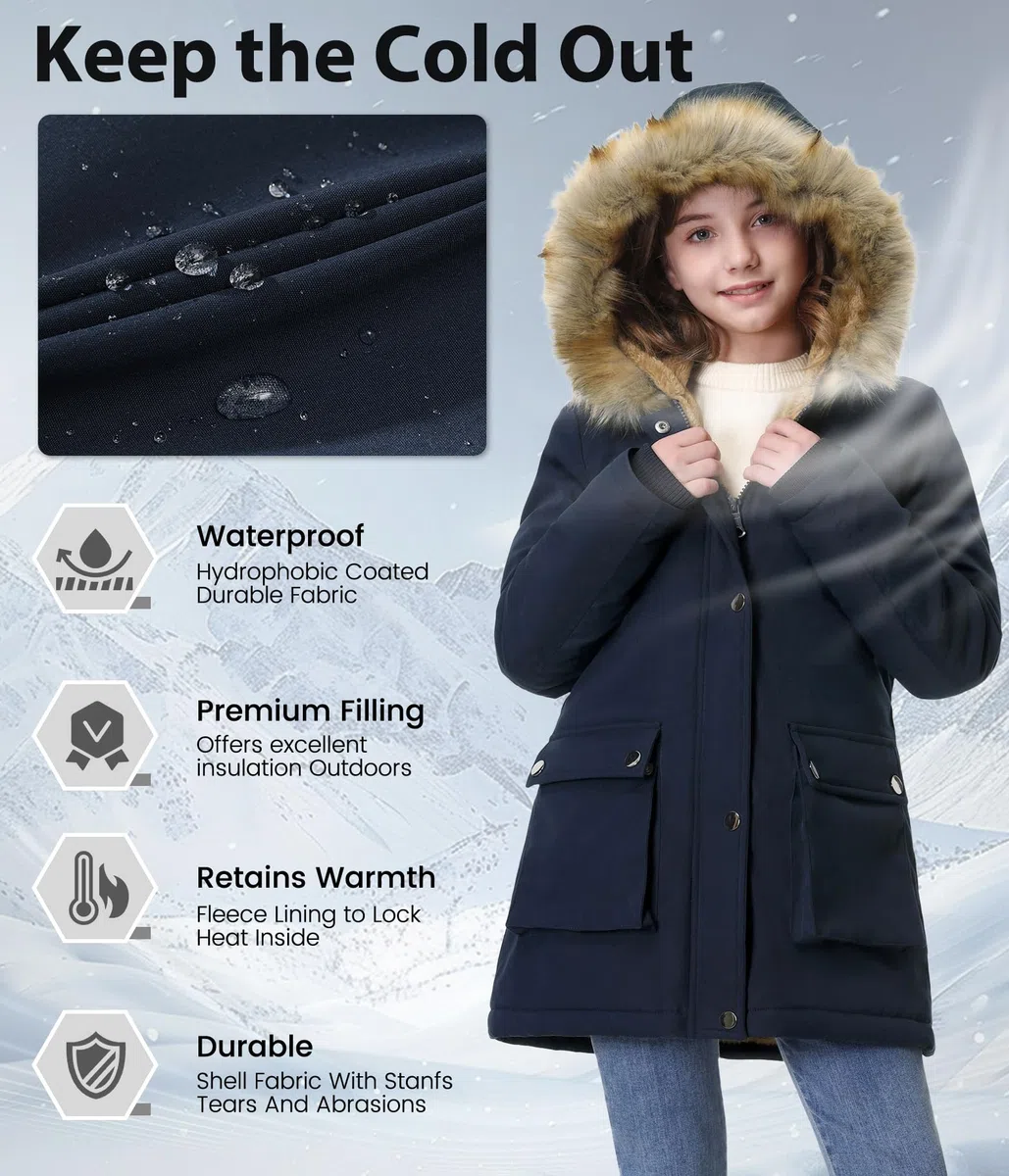 Vancavoo Abrigo Niña Invierno Chaqueta con Pelo Capucha Plumas Mediana Longitud Caliente Cazadora Ropa por 6-12 Años