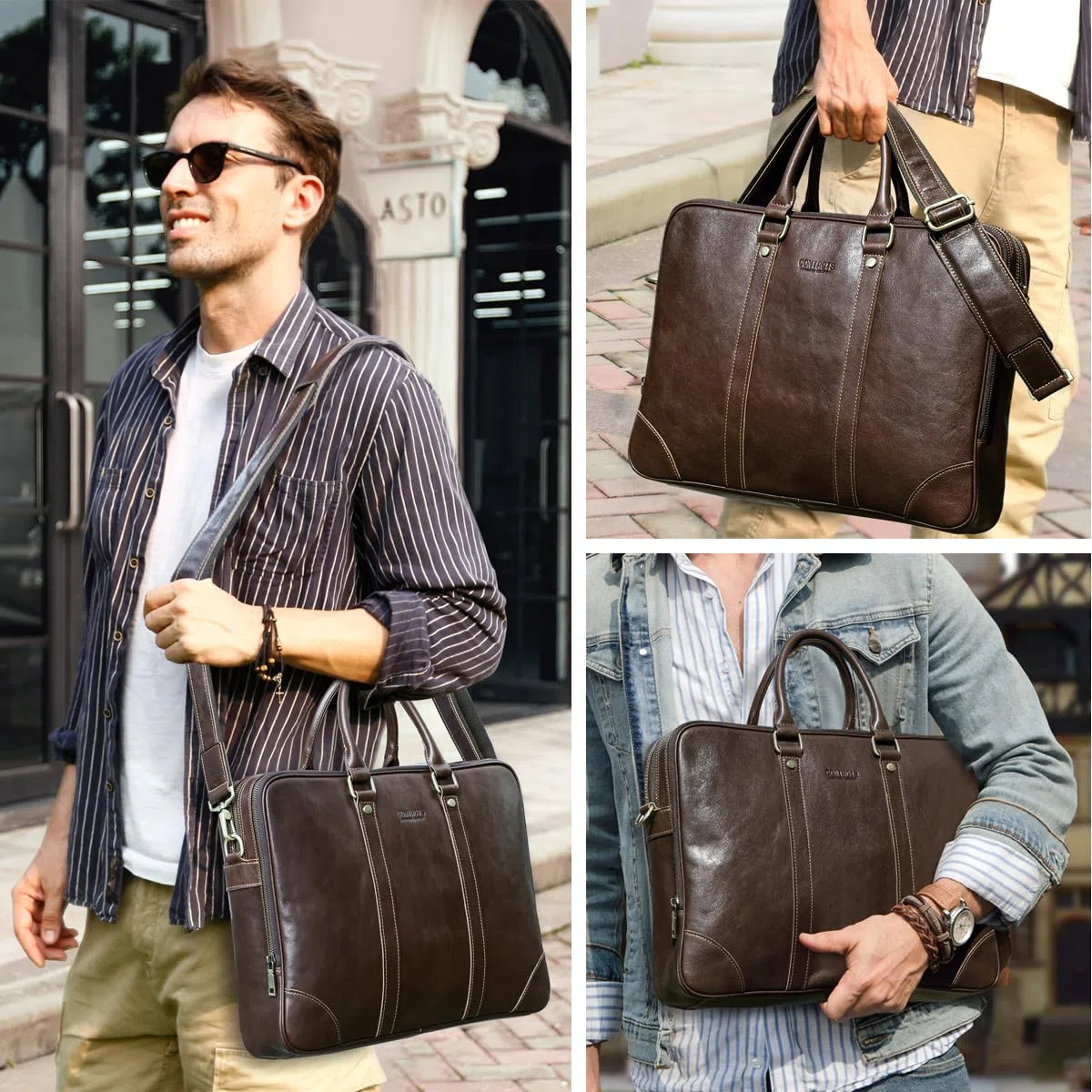 Contacts Maletín de piel auténtica para hombre de 14 pulgadas, bolso cruzado casual vintage para negocios, para hombres y mujeres, viajes, escuela, abogados