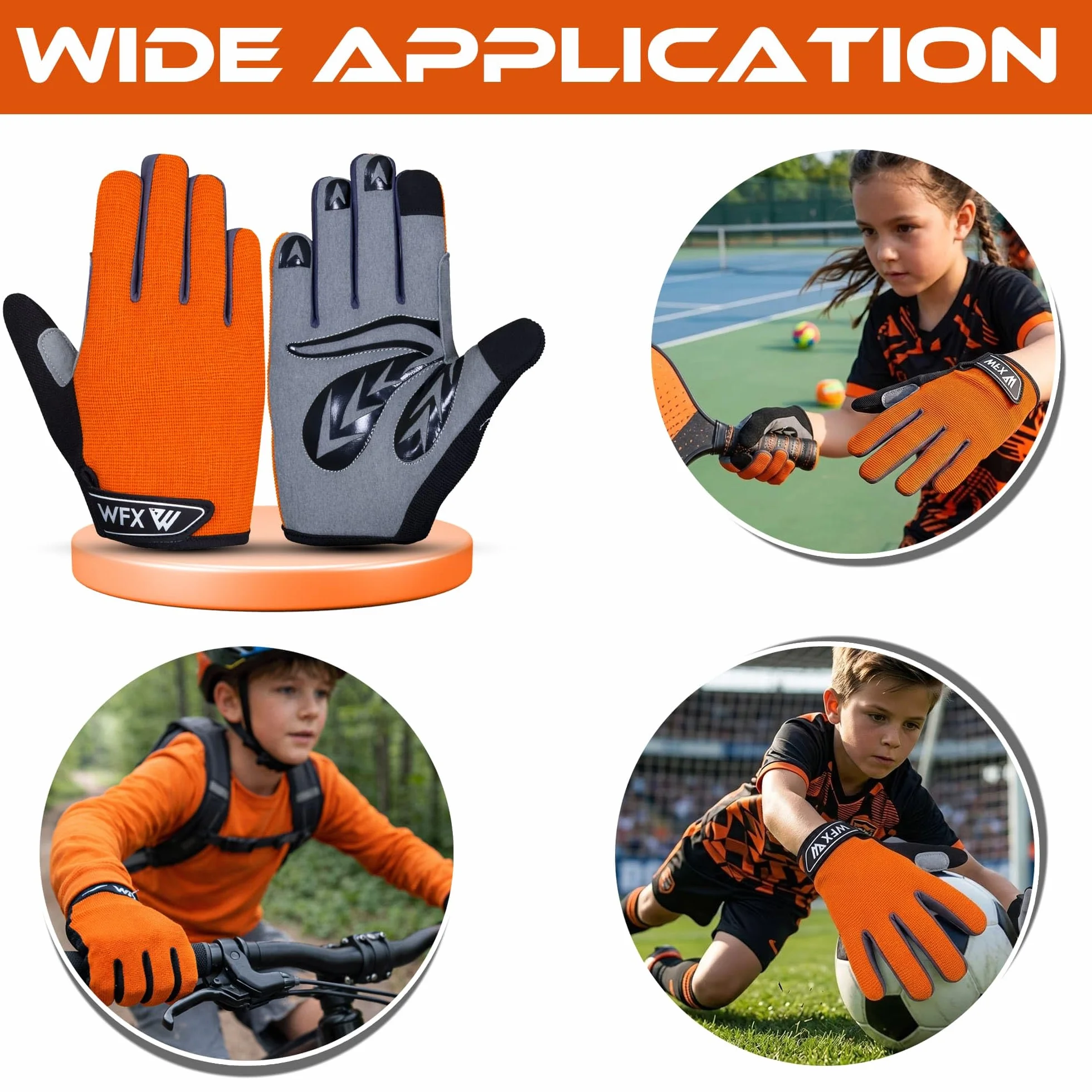 WFX Guantes de Ciclismo para niños, niños y niñas, jóvenes, Pantalla táctil para niños, Guantes de equitación Antideslizantes para Deportes al Aire Libre, Guantes de Dedo Completo
