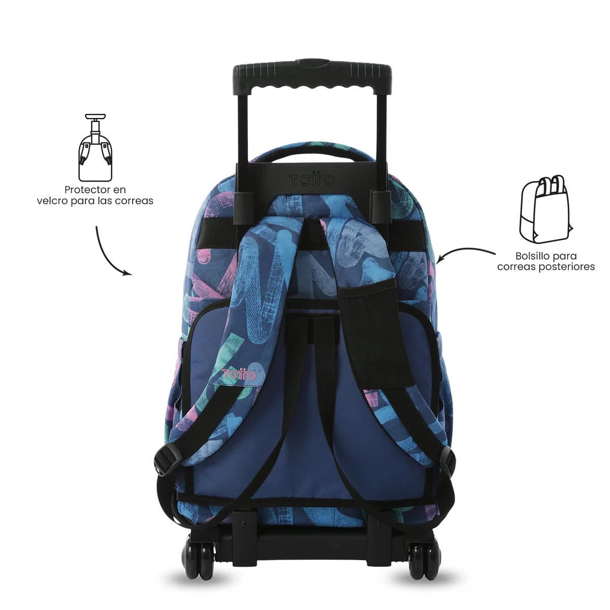 TOTTO Mochila Escolar con Ruedas Renglones 26,21 Litros Bolsillo PC 14" Estampado Roomin Azul