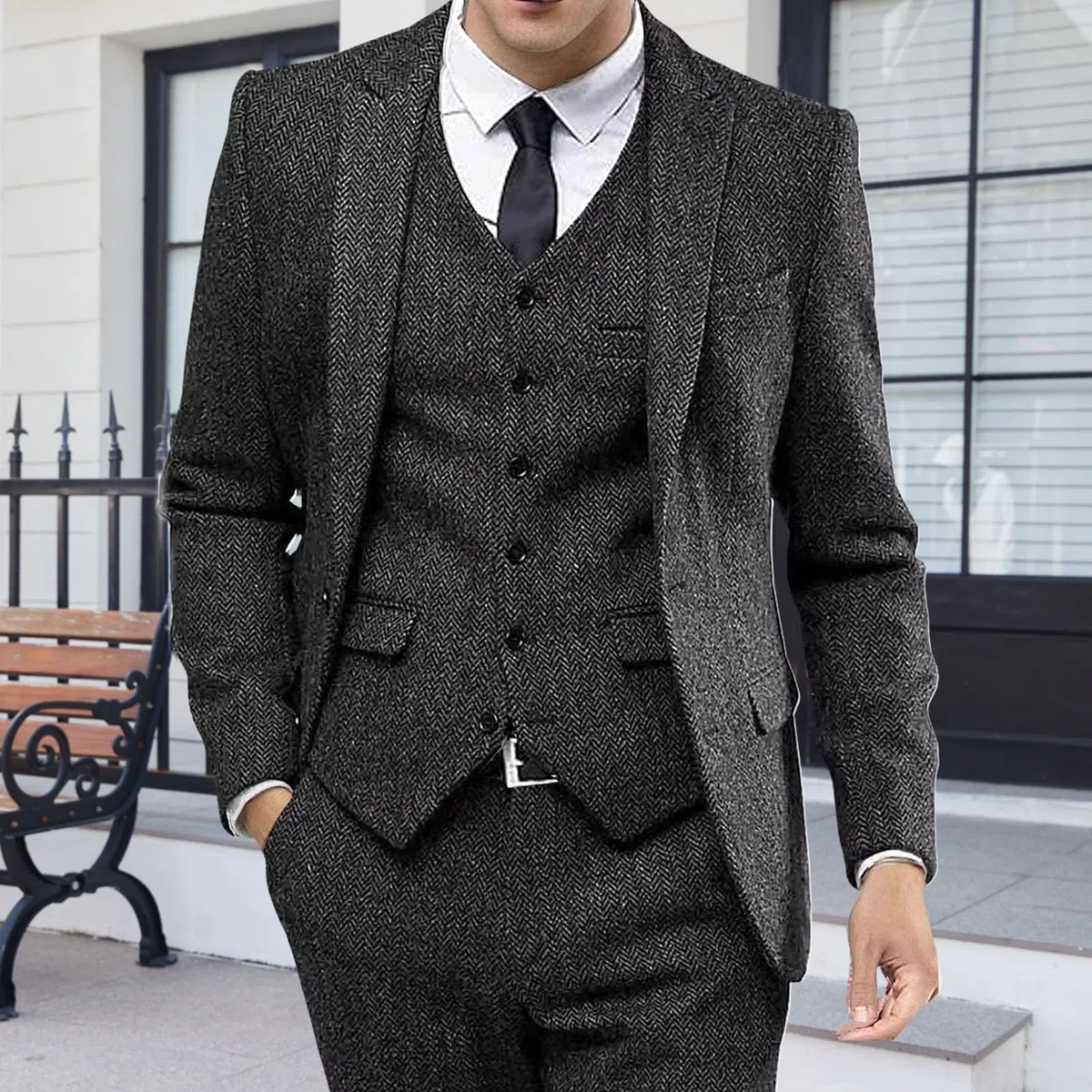 Traje de 3 piezas de tweed para hombre, traje de esmoquin formal y ajustado, traje de esmoquin formal, blazer, pantalones, chaleco