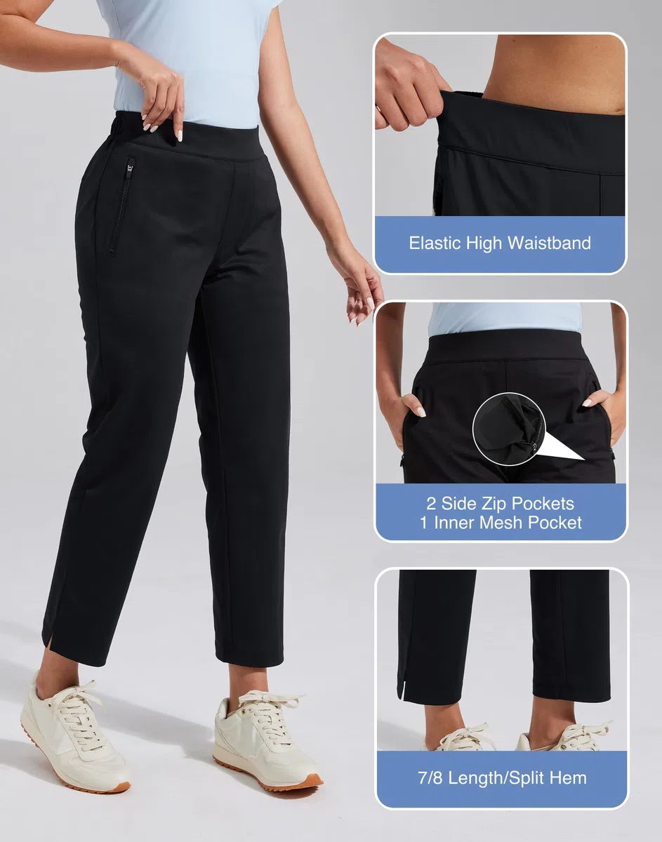 Pioneer Camp Pantalones de golf para mujer, 7/8 largos con bolsillos laterales, pantalones elásticos transpirables para oficina, viajes y deportes, cintura elástica con cordón, pantalones ligeros y