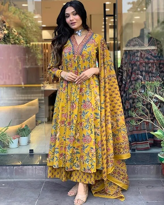 Kurta estampada Anarkali de mezcla de rayón para mujer con Palazzo y Dupatta