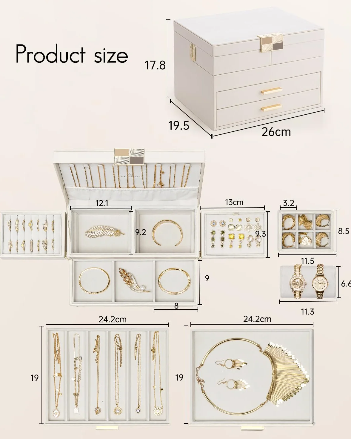 Vlando Joyero grande para mujer, almacenamiento de joyas con 2 cajones, bandeja organizador de joyas con cajón para collares, anillos, pulseras, pendientes, madres y niñas, beige