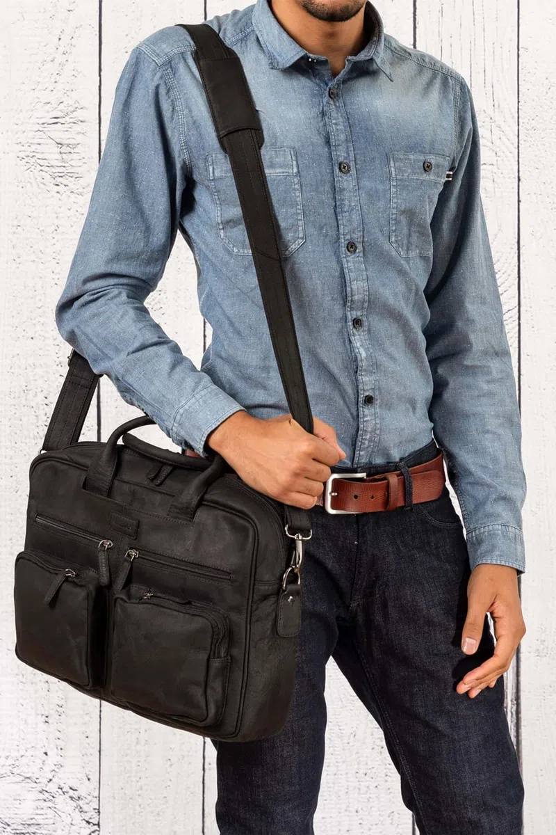 LEABAGS Bolso para hombres y mujeres | Bolsa portátil de cuero genuino 15" | Bolso bandolera con correa | Bolso de hombro | Bolsa mensajera | Bolsa de trabajo | Bolsa de profesor