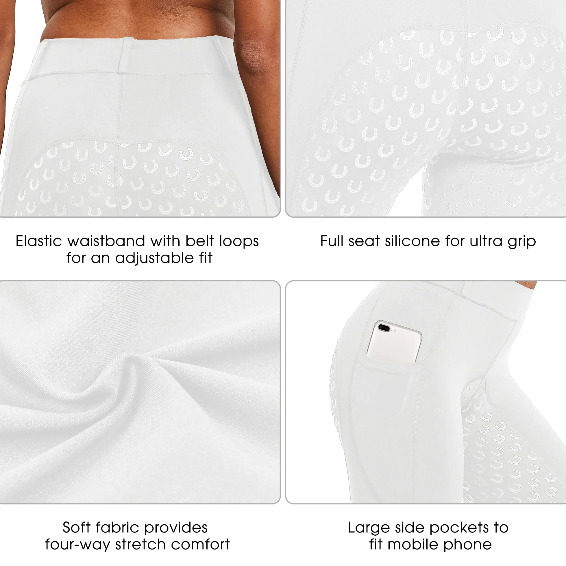 FitsT4 Sports Pantalones de Montar para Mujer Pantalones de Montar con Refuerzo Completo de Silicona, Bolsillo para el móvil y Trabillas para el cinturón