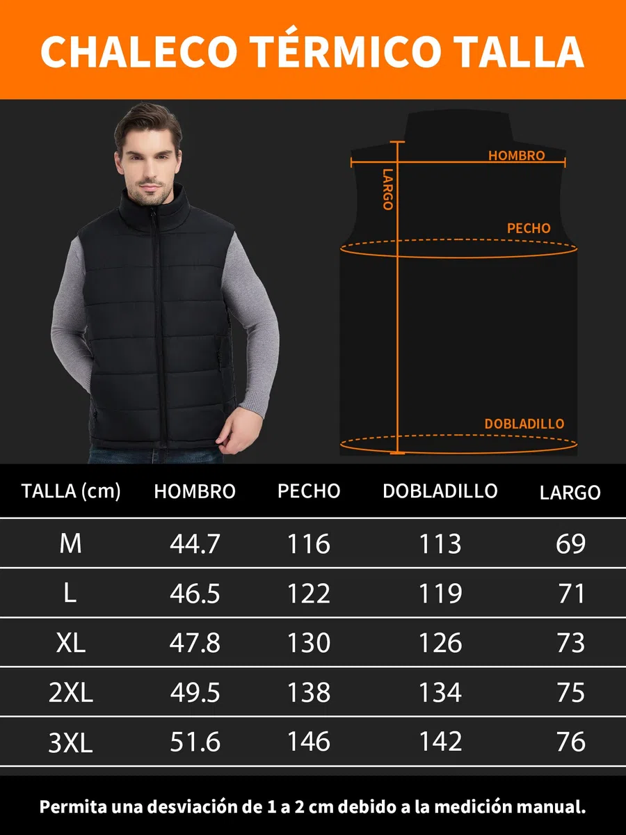 Chaleco Calefactable Hombre Mujer 7.4V 18400mAh 10 Zonas de Calor 3 Niveles Ajustables