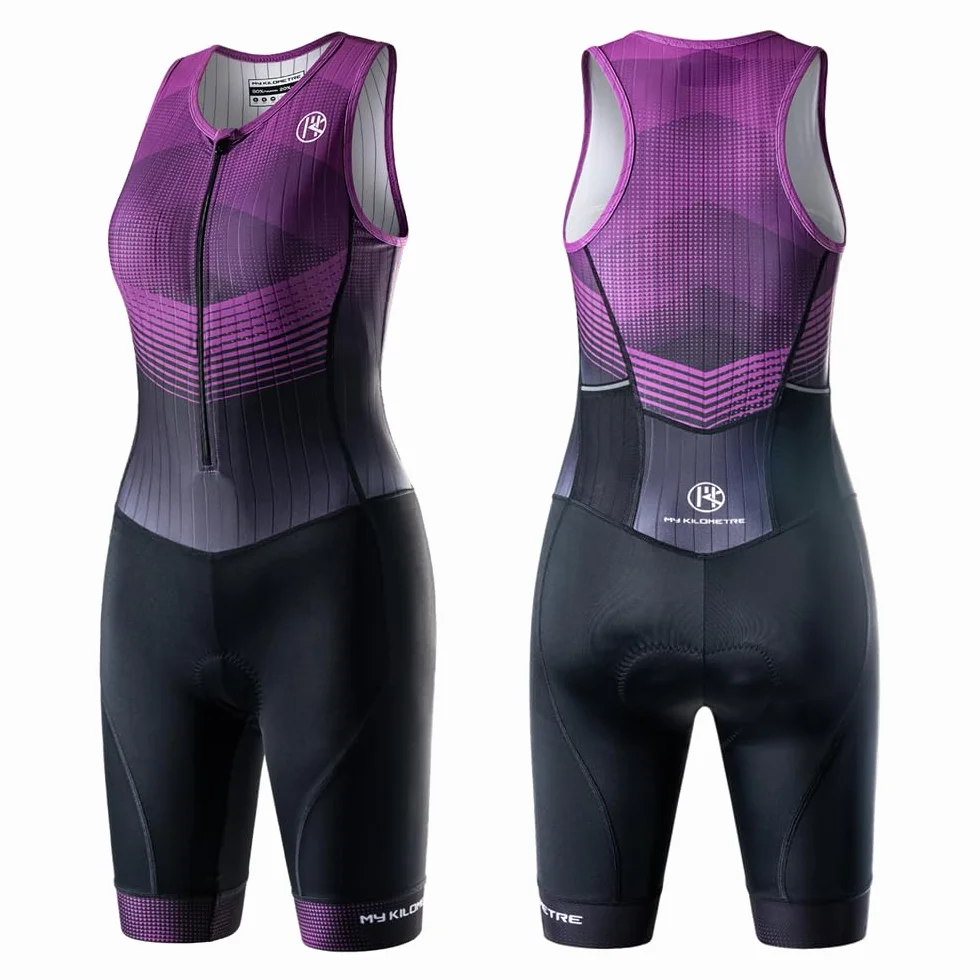 MY KILOMETRE Traje de Triatlón para Mujer Sin Mangas – Trisuit con Cremallera Completa y 2 Bolsillos Traseros Reflectantes Secado Rápido UPF50+ Trasero para Natación, Ciclismo y Carrera