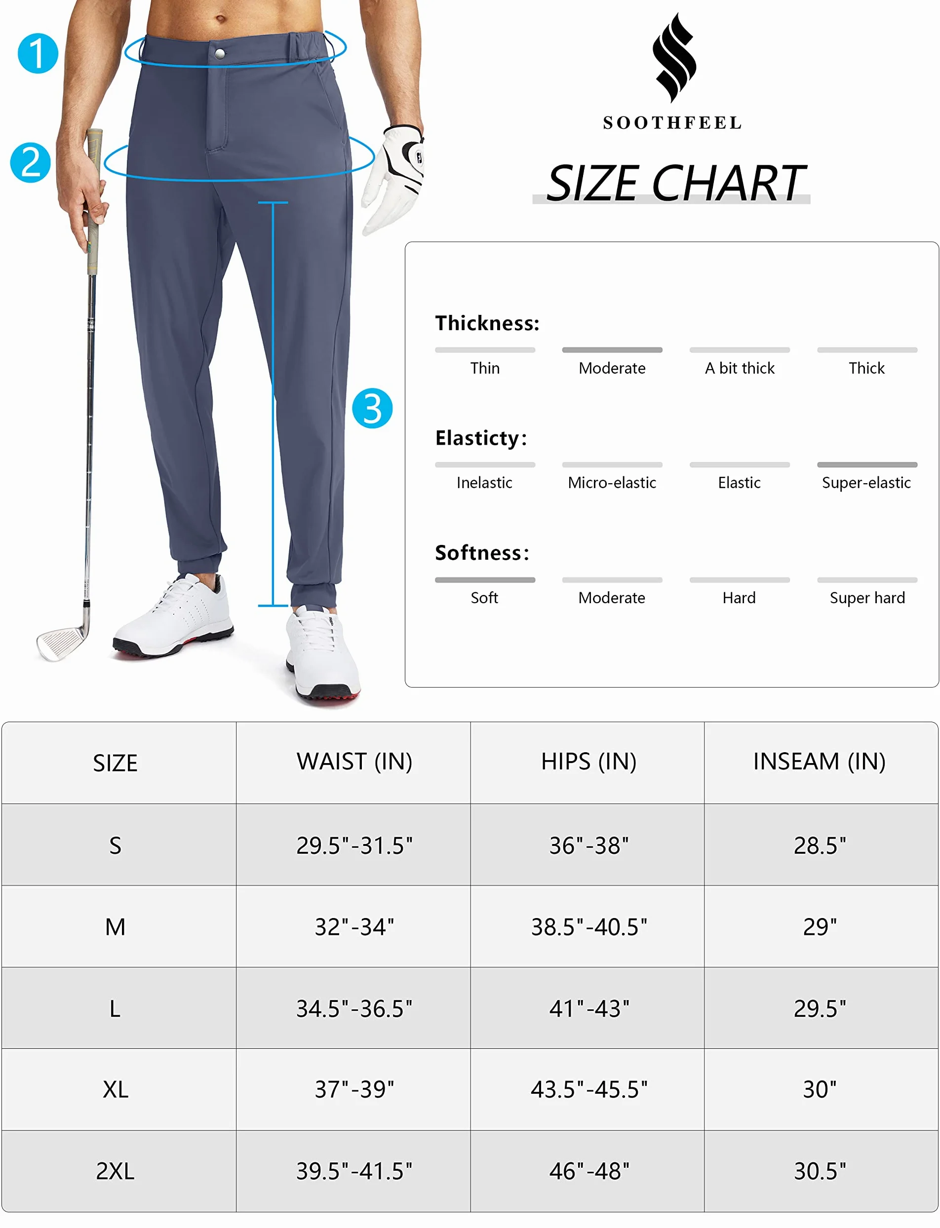 Soothfeel - Pantalones deportivos de golf para hombre, con 5 bolsillos, ajustados, elásticos, para correr, viajar, vestir, trabajo