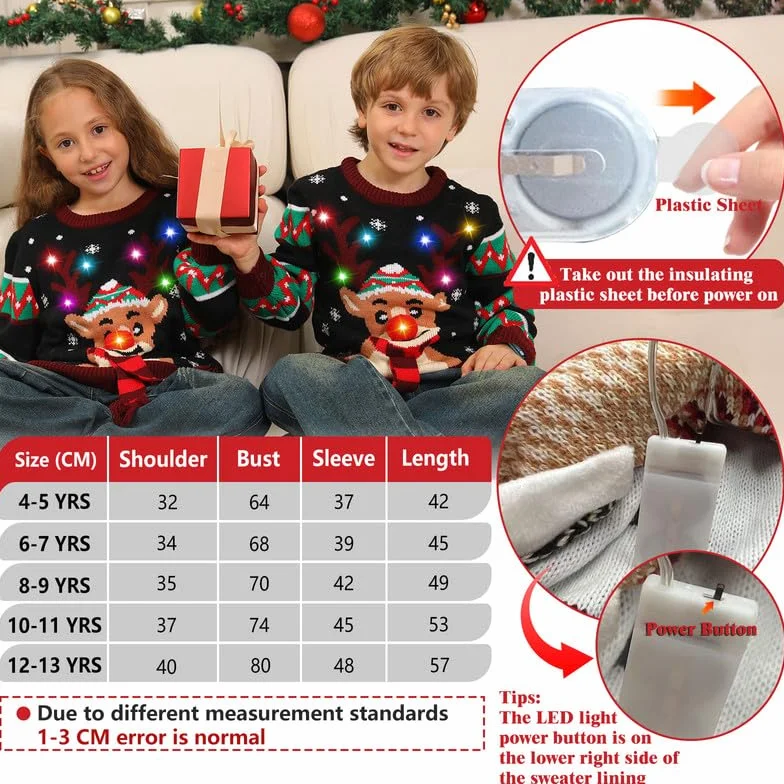 Kouric Jersey Navideño Niño con Luces,Jersey Navidad Niño/Niña con Estampado de Reno en la Nieve,Ugly Christmas Sweater,Jerseys Navideños con Luces,Suéter Navideño Gracioso,Christmas Jumper