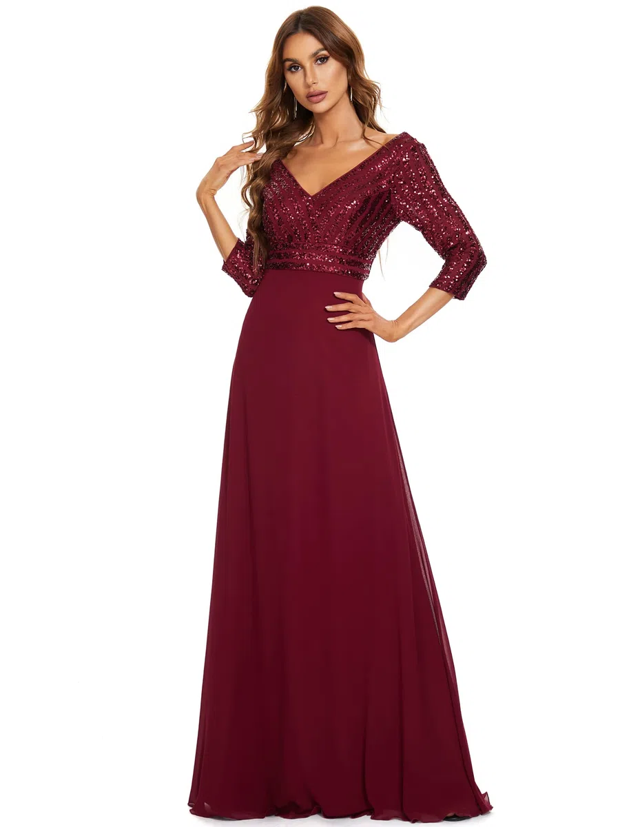 Ever-Pretty Vestido de Fiesta Lentejuelas Manga Larga Mujer A-línea Escote en V Imperio Elegant 00751