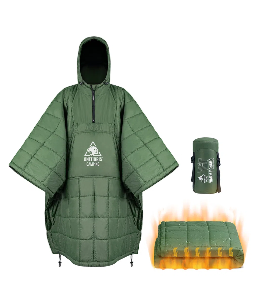 OneTigris - Poncho de camping con aislamiento Thinsulate 3M, manta impermeable cálida con bolsillos grandes, manta portátil con capucha para exteriores, senderismo, viajes, color verde