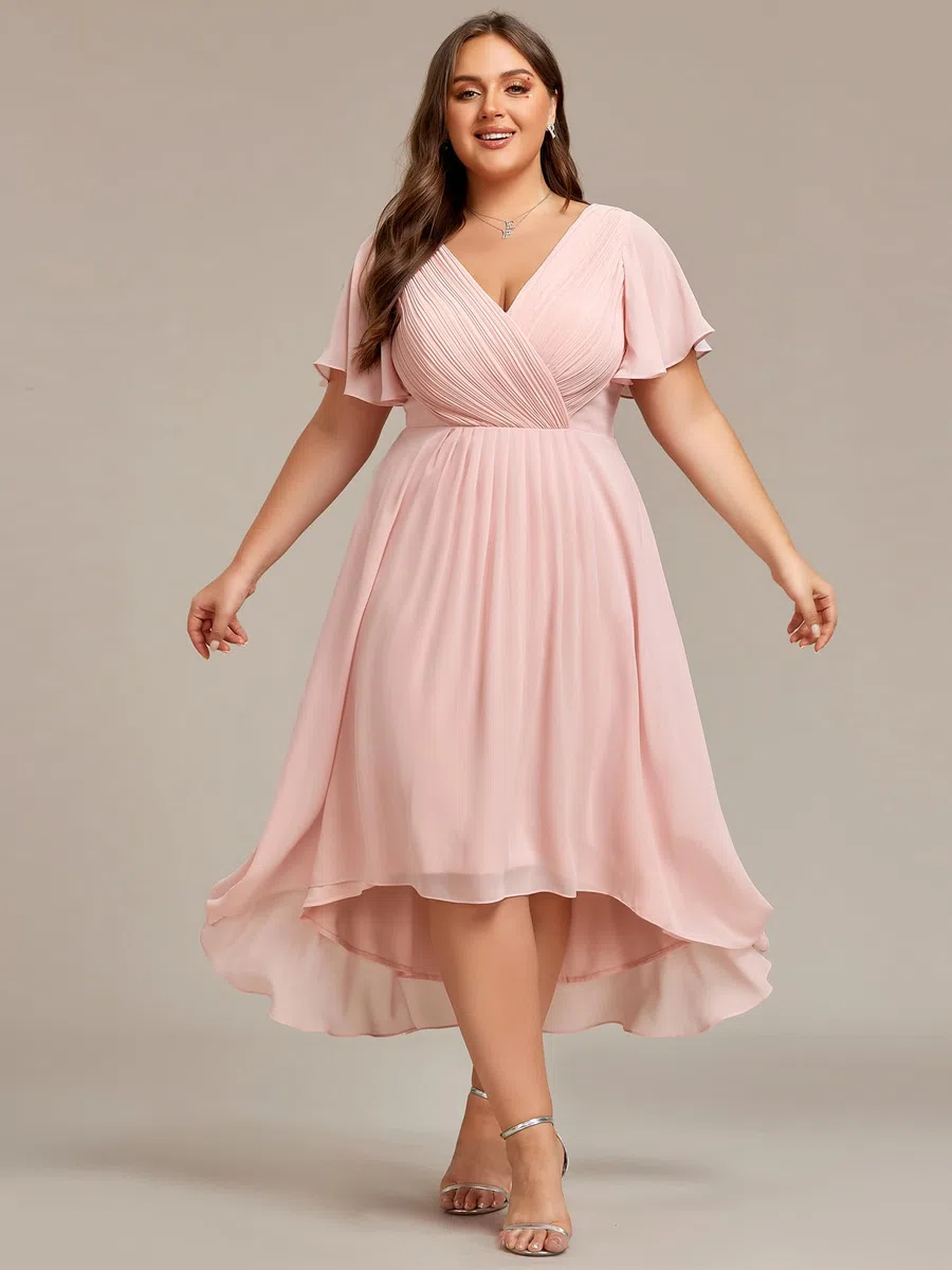 Ever-Pretty Vestido acampanado de gasa con cuello en V, manga corta, largo hasta la rodilla, talla grande, vestidos de invitada de boda para mujeres con curvas 01923-DA