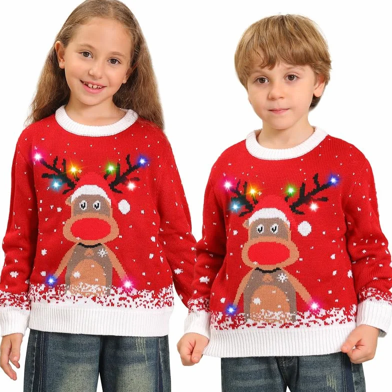 Kouric Jersey Navideño Niño con Luces,Jersey Navidad Niño/Niña con Estampado de Reno en la Nieve,Ugly Christmas Sweater,Jerseys Navideños con Luces,Suéter Navideño Gracioso,Christmas Jumper