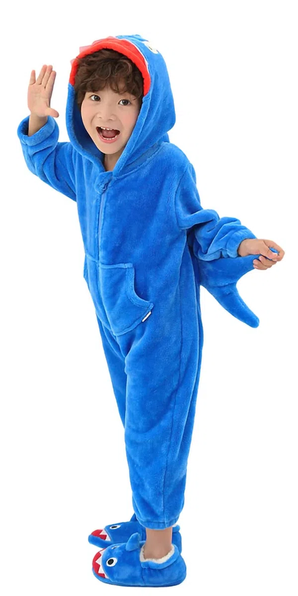 LOLANTA Disfraz Tiburón Niño,Buzo de Peluche con Capucha, Azul, 4-6 años, Talla M