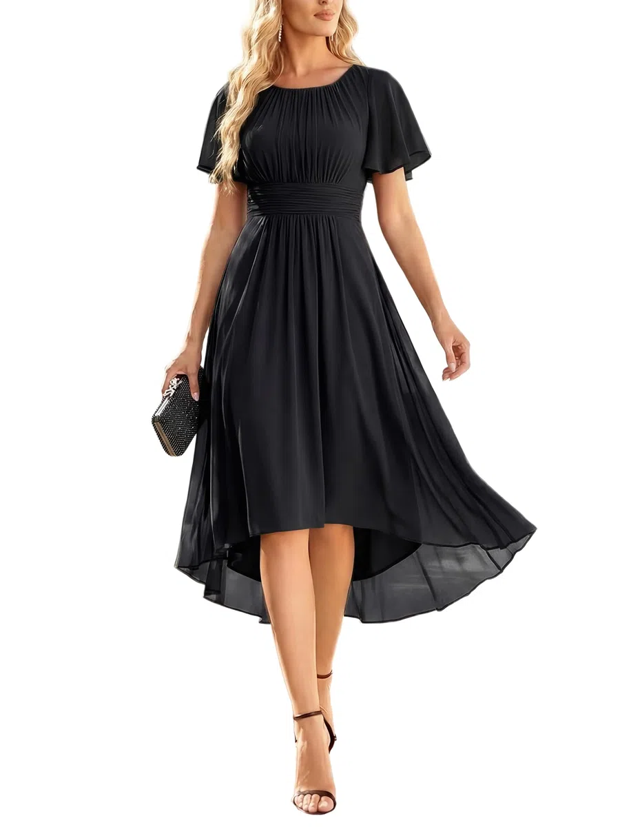 Ever-Pretty Vestido de gasa para mujer, cuello redondo, cintura plisada, manga corta, invitada de boda 02053