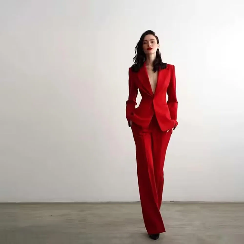 Mujeres Traje Notch Lapel Un botón Slim Fit Oficina de Negocios Esmoquin Chaqueta Pantalones Set
