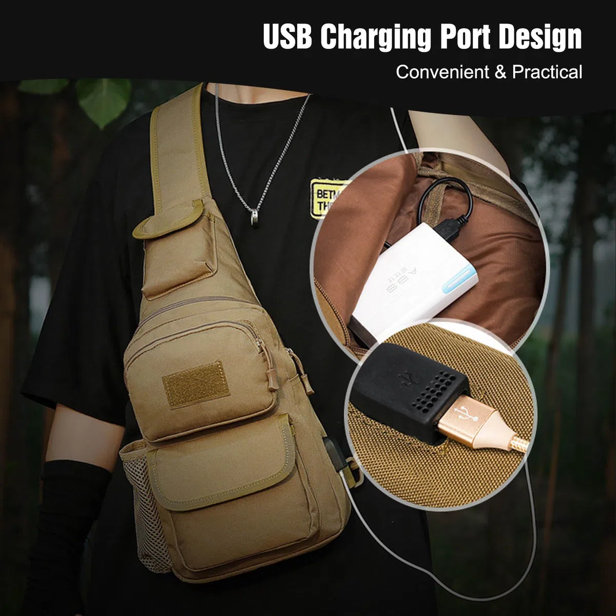 FANDARE Táctical Bolso Hombro Bolsa de Pecho Militar Bandoleras Cruzada con USB Bandolera Bolsos Bandolera para Hombres Mujer Escolar Senderismo Viaje Sling Crossbody Bag Negro