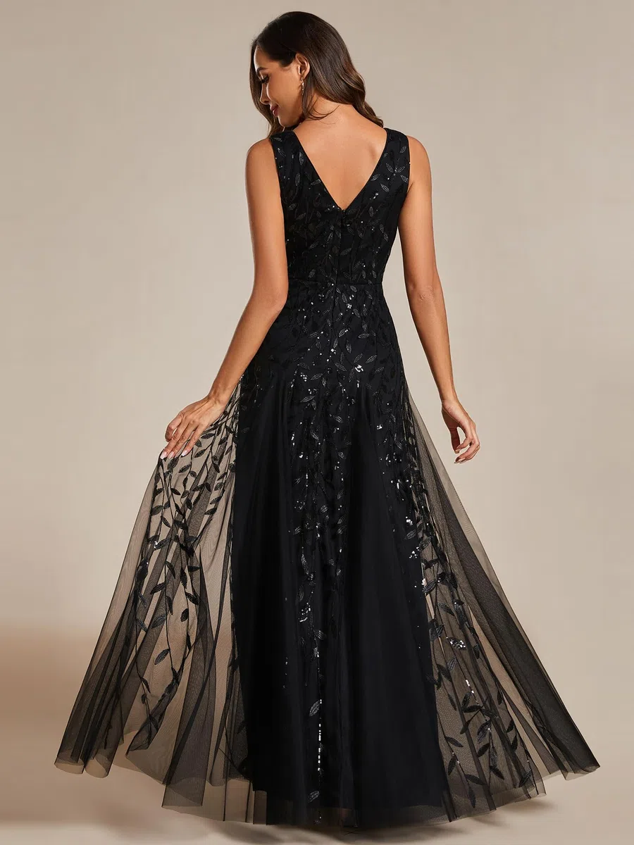 Ever-Pretty Vestido de Noche para Mujer Cuello en V Lentejuelas Invitadas de Boda Largo Sin Mangas Cintura Imperio Formal Fiesta EE02130