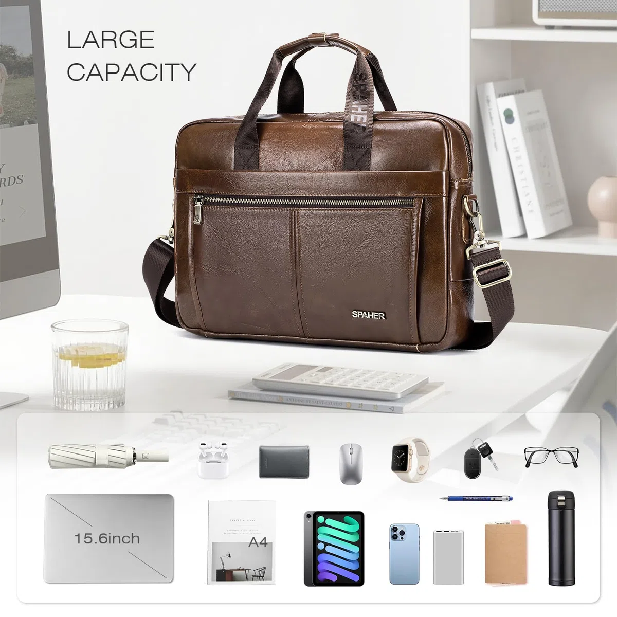 SPAHER Maletín Portátil 15.6 Pulgadas Cuero Hombre Portadocumentos Ordenador de Trabajo Regalo