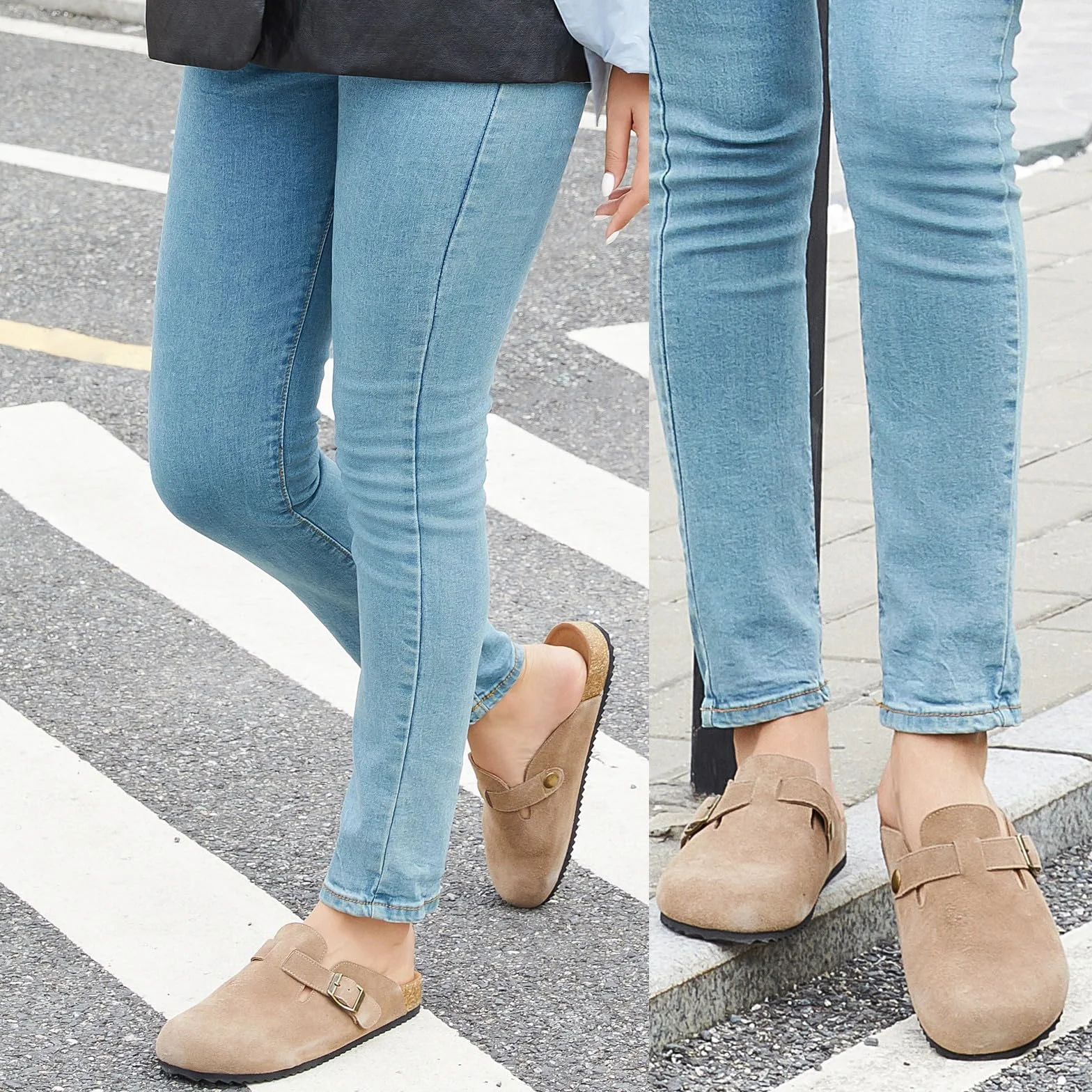 Intini Zuecos y Mules para Hombre Mujer Pantuflas de Piel con Corcho Cerradas Zapatillas de Jardín Sandalias con Hebilla Ajustables Cómoda 36-46