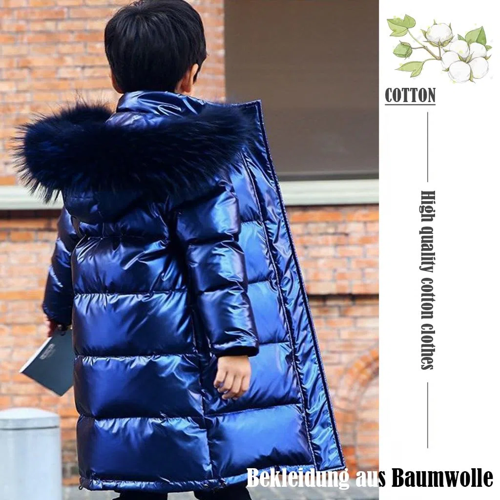 Linboo - Abrigo largo para niña, chaqueta de plumón cálido, para niño, invierno, con capucha, piel acolchada, parka luminosa