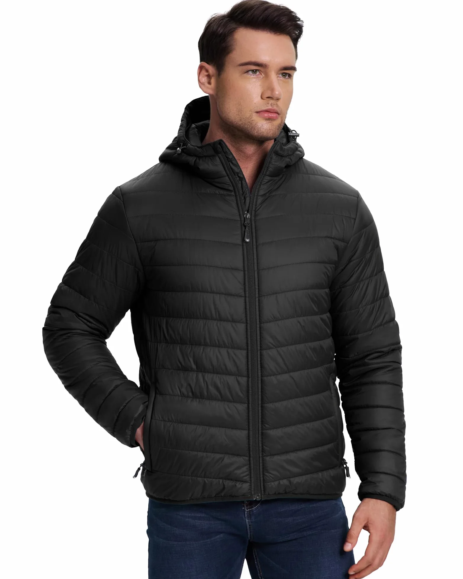 33,000ft Chaqueta acolchada ligera para hombre, chaqueta de entretiempo resistente al agua, cálida chaqueta de invierno para hombres, con capucha, abrigos de invierno, chaqueta amortiguadora plegable
