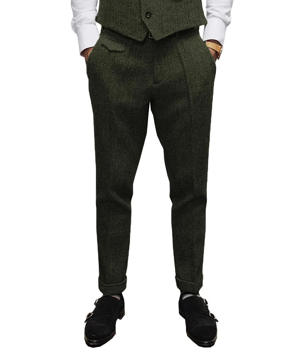 Pantalones de traje de vestir retro para hombre, pantalones de lana de tweed con frente plano en espiga
