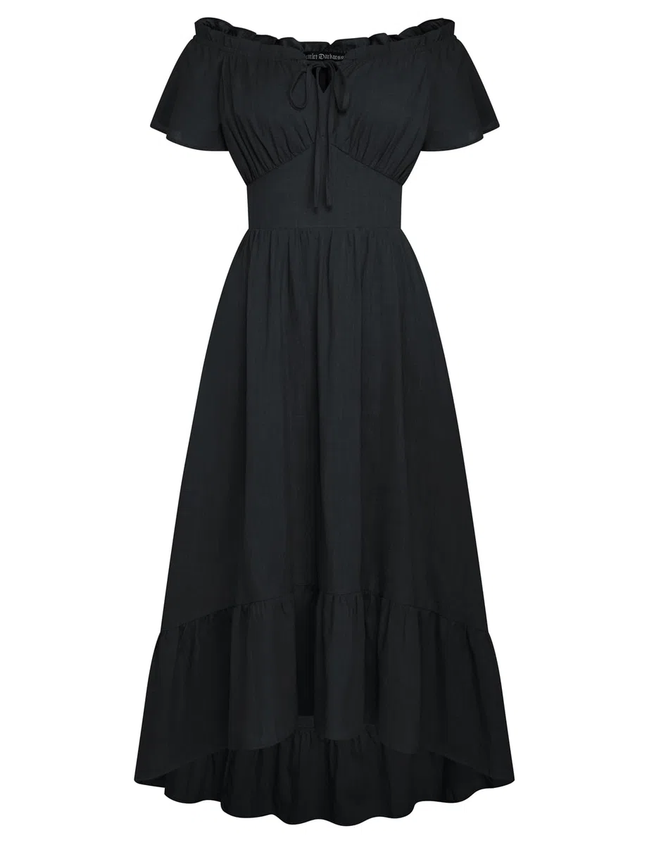 SCARLET DARKNESS Vestido largo renacentista con hombros descubiertos y dobladillo asimétrico para mujer