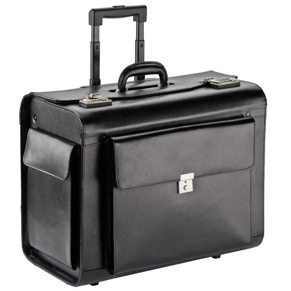 Estuche de piloto de cuero genuino con ruedas XXL de cuero genuino de lujo con compartimiento principal extra grande, bolsillo frontal y dos bolsillos laterales