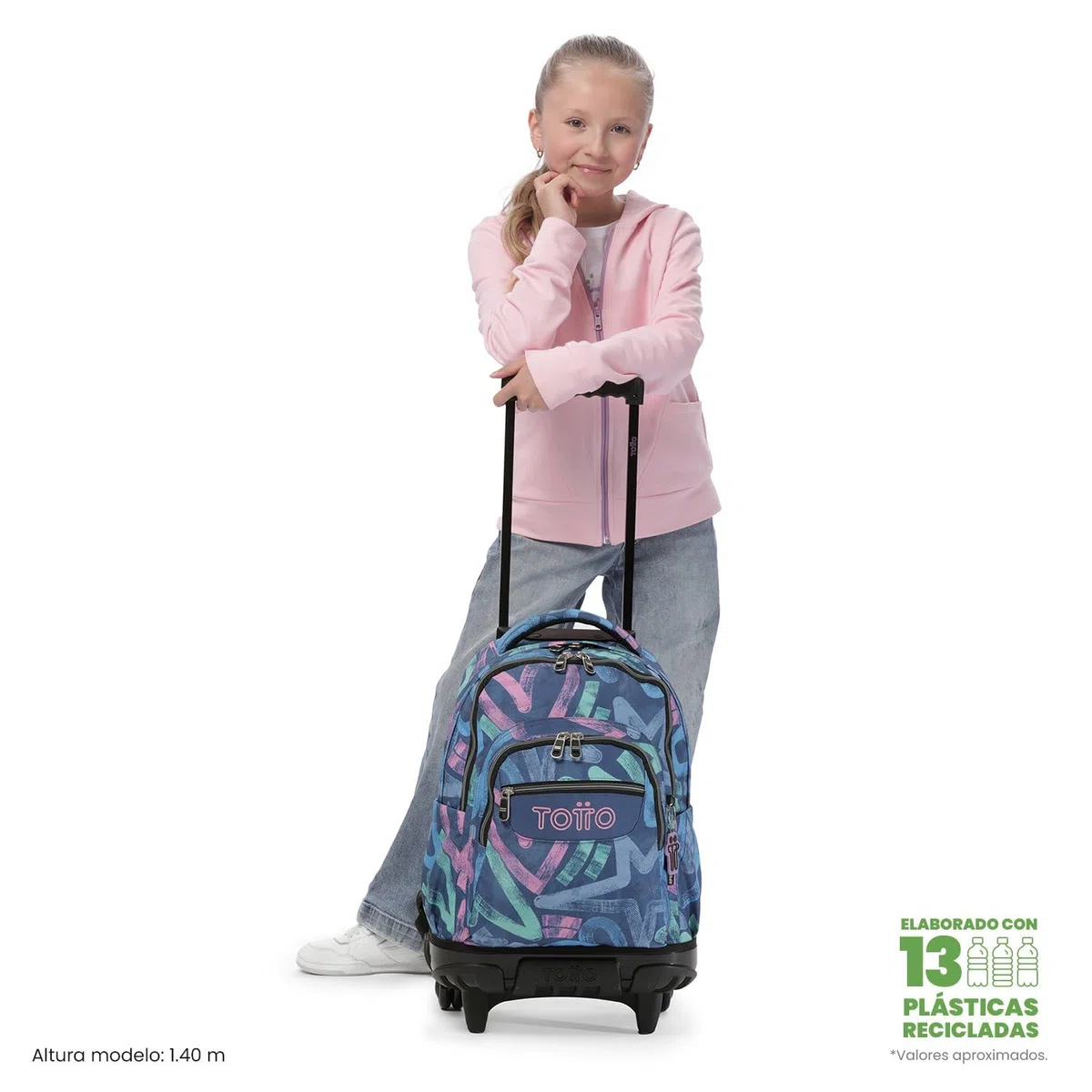 TOTTO Mochila Escolar con Ruedas Renglones 26,21 Litros Bolsillo PC 14" Estampado Roomin Azul