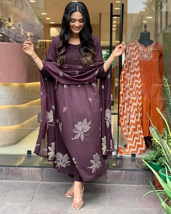 Kurta estampada Anarkali de viscosa de rayón para mujer con pantalón y dupatta