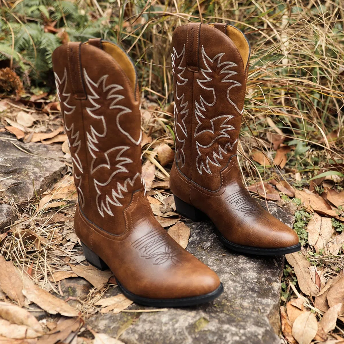 ANUFER Hombres Elegante Bordado Botas Vaqueras Occidental Tacón Punta Antideslizante Pantorrilla Botas SN071164