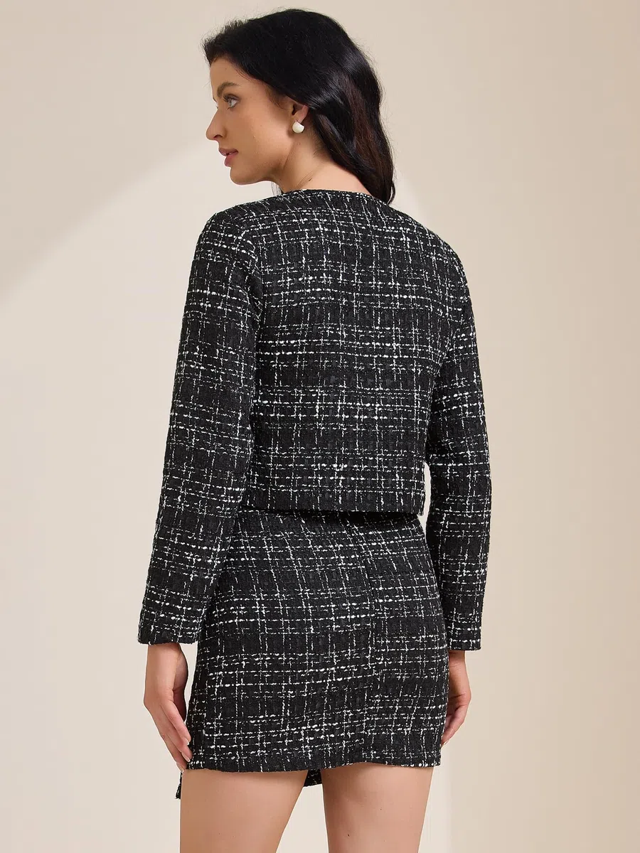 Allegra K Conjunto de falda de 2 piezas para mujer, chaqueta de tweed, chaqueta con botones, conjunto de minifalda, trajes casuales de negocios 2025