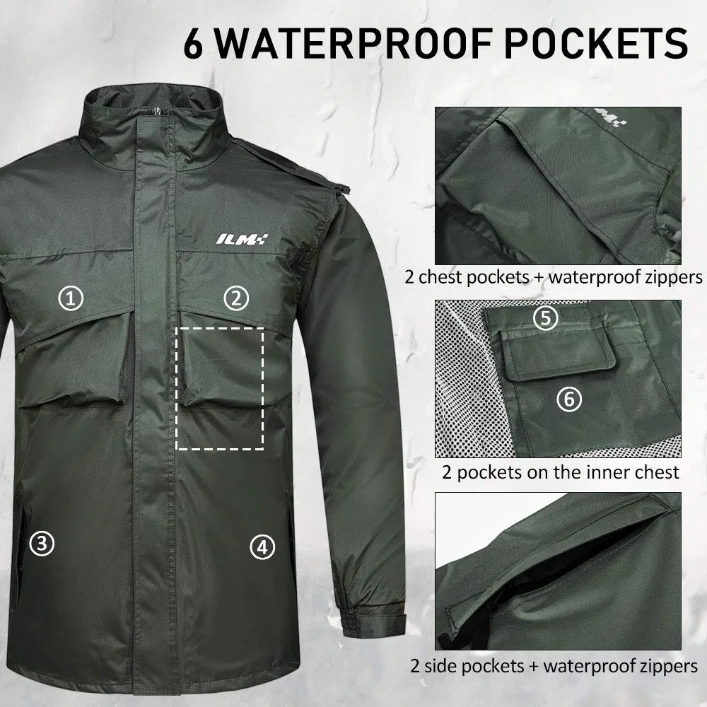 ILM Chubasquero Moto Impermeable Hombre-Traje de Lluvia Resistente al Desgaste, 6 Bolsillos, Juego de 2 Piezas con chaqueta y pantalones