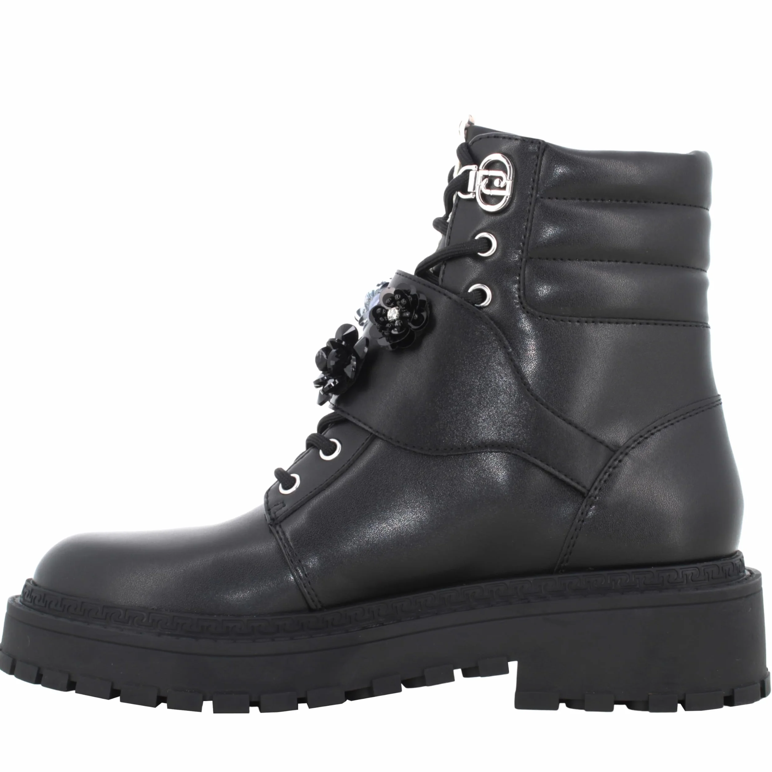 Liu Jo Botas Militares con Flores de Cristal, Negro, Cuero, Suela de Goma, Estilo Combat (Negro, Mediano, Sistema tallas calzado EU, Adulto, Números, mediano, 40)