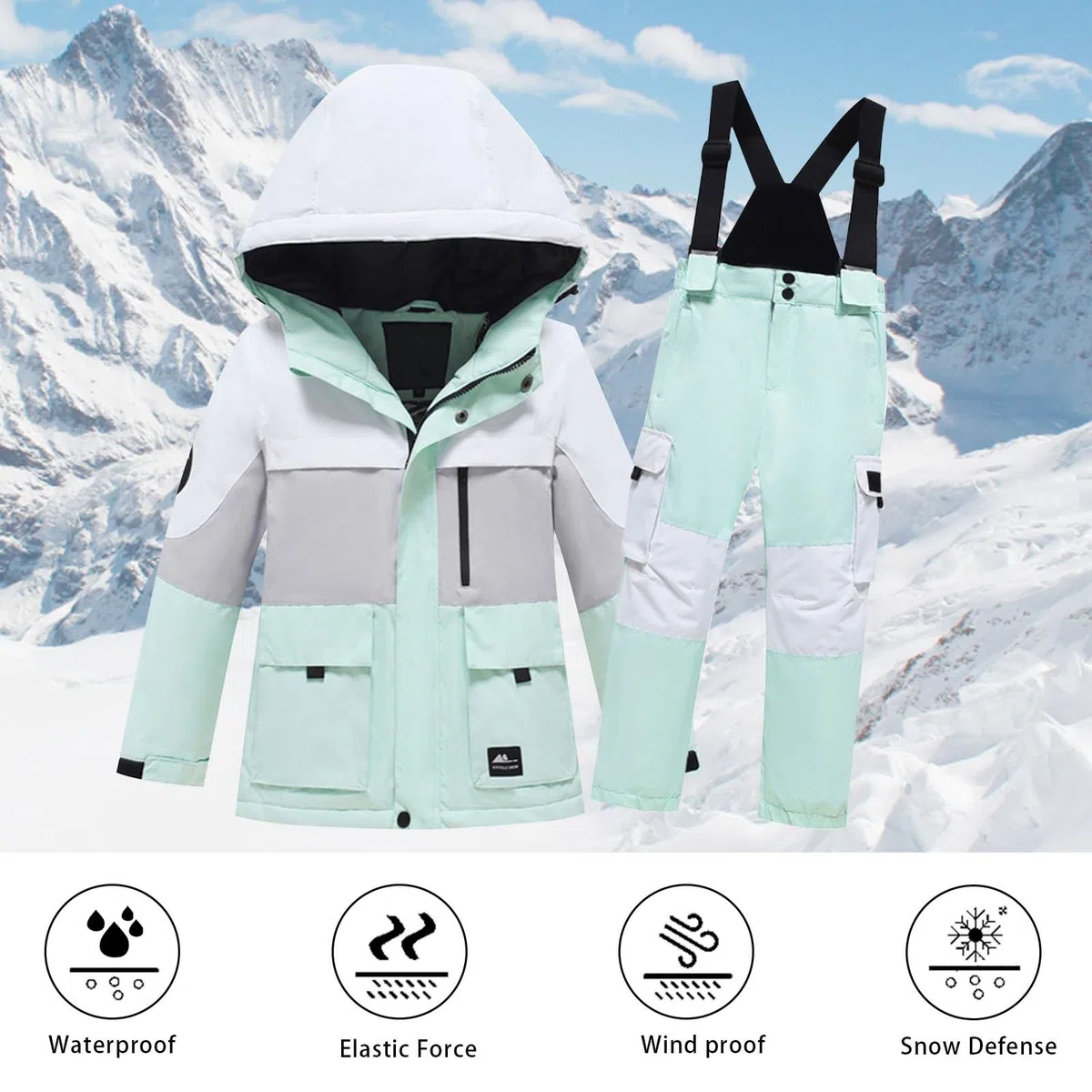 Traje de esquí para niños y niñas, estampado de manga larga, terciopelo grueso, cálido, resistente al viento y al agua, parte superior y pantalón, traje de 2 piezas para correr