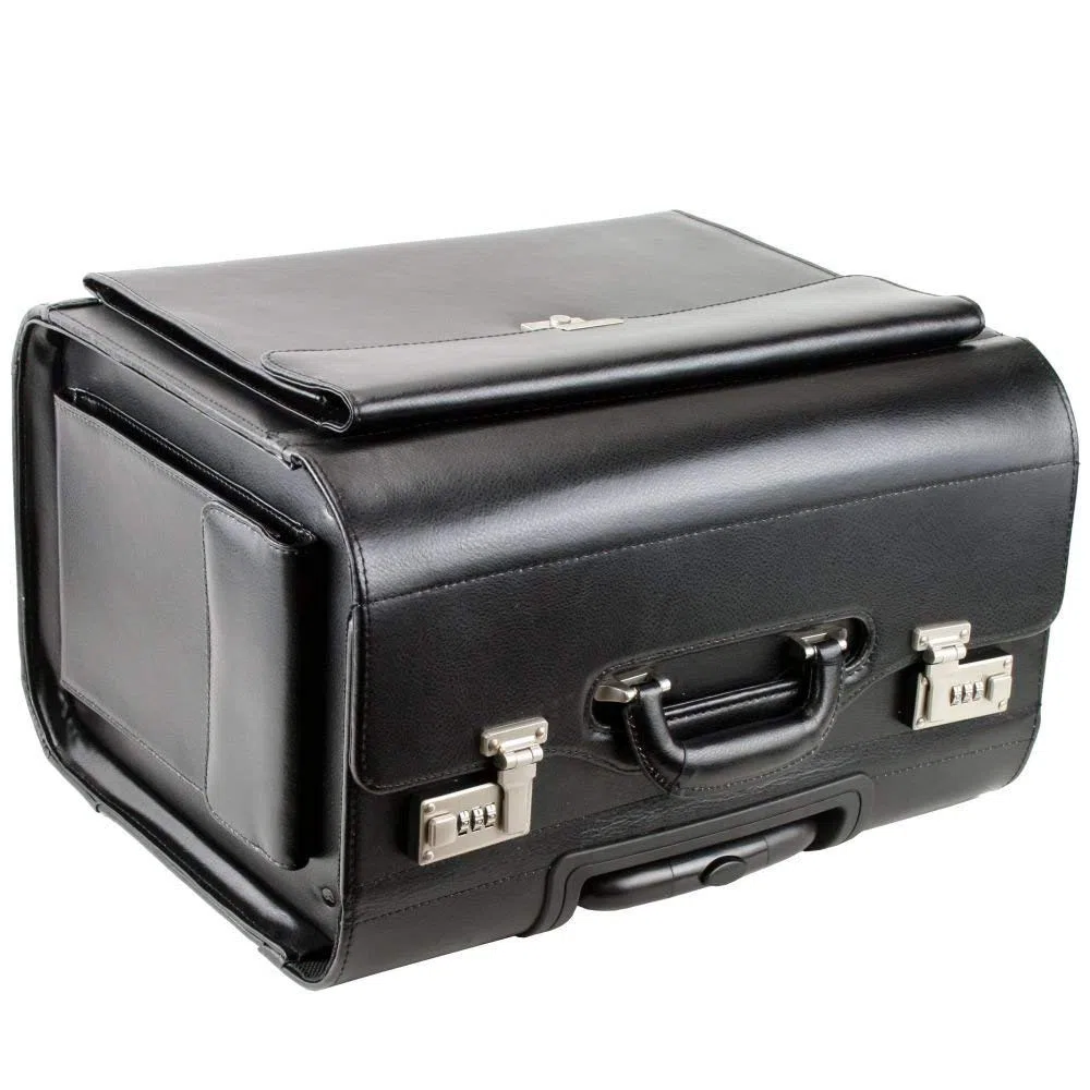 Estuche de piloto de cuero genuino con ruedas XXL de cuero genuino de lujo con compartimiento principal extra grande, bolsillo frontal y dos bolsillos laterales