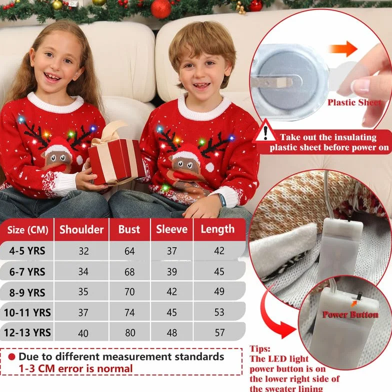 Kouric Jersey Navideño Niño con Luces,Jersey Navidad Niño/Niña con Estampado de Reno en la Nieve,Ugly Christmas Sweater,Jerseys Navideños con Luces,Suéter Navideño Gracioso,Christmas Jumper
