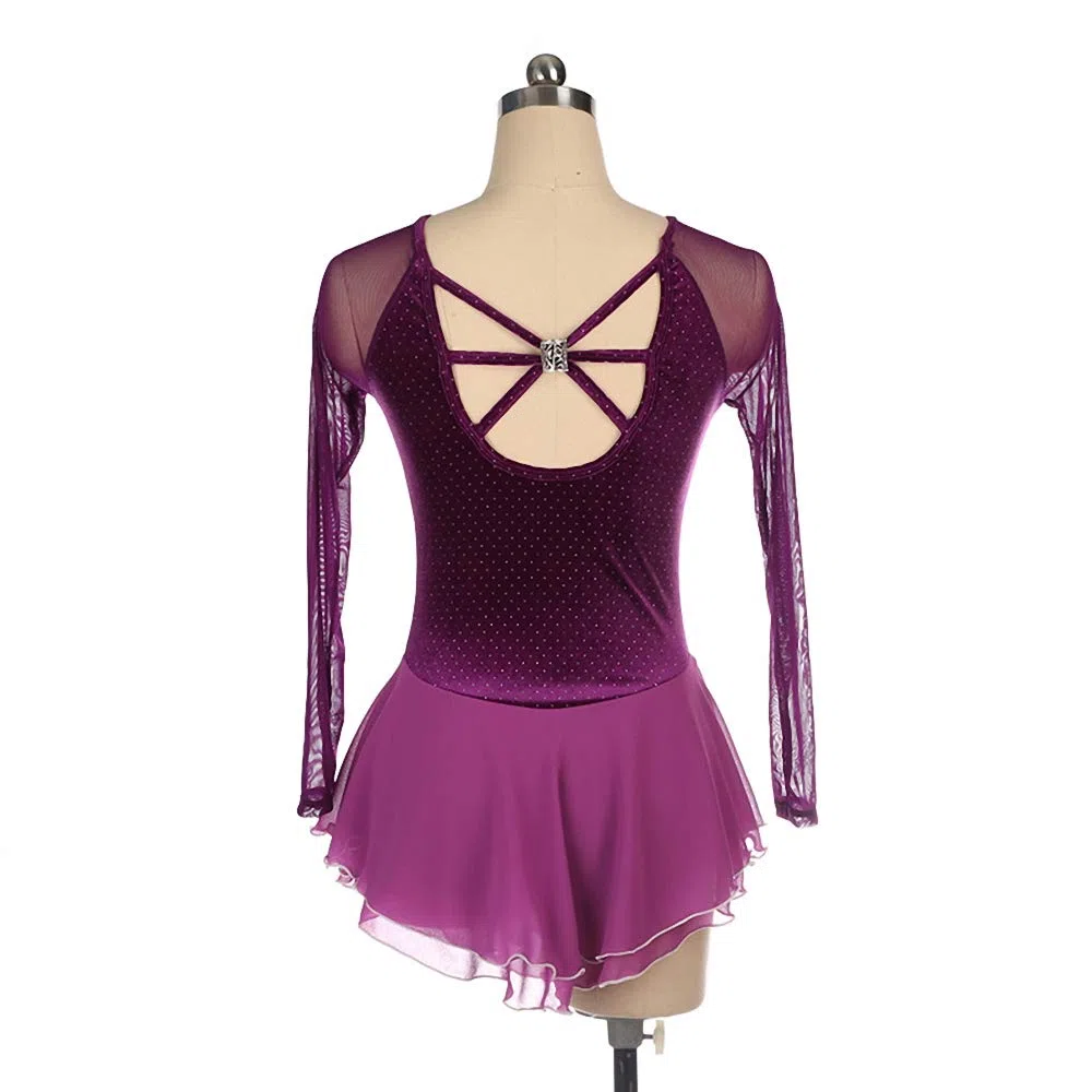 Vestido de Patinaje artístico para niñas, Color Morado, con Diamantes de imitación, Manga Larga, Disfraz de Baile
