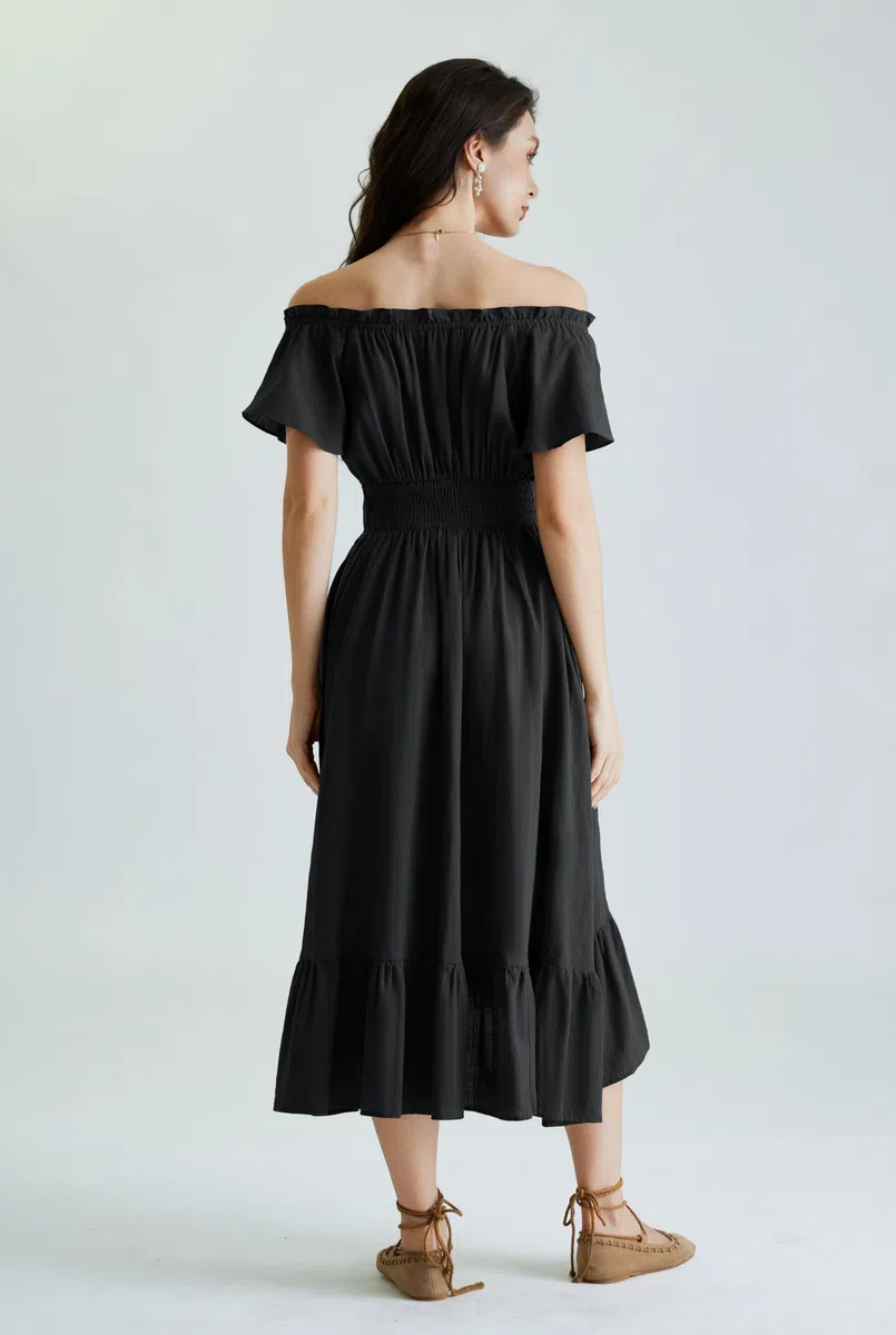 SCARLET DARKNESS Vestido largo renacentista con hombros descubiertos y dobladillo asimétrico para mujer