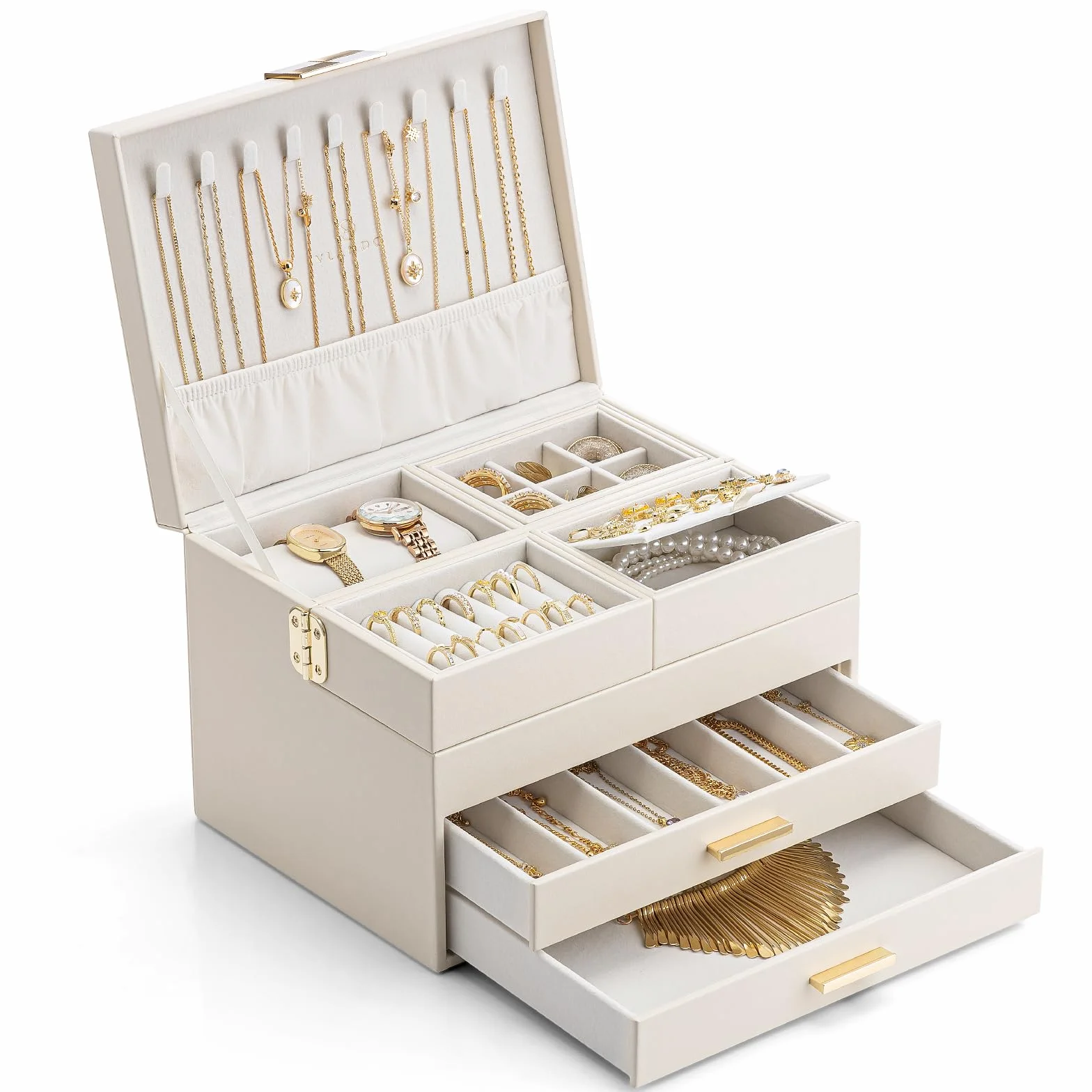 Vlando Joyero grande para mujer, almacenamiento de joyas con 2 cajones, bandeja organizador de joyas con cajón para collares, anillos, pulseras, pendientes, madres y niñas, beige