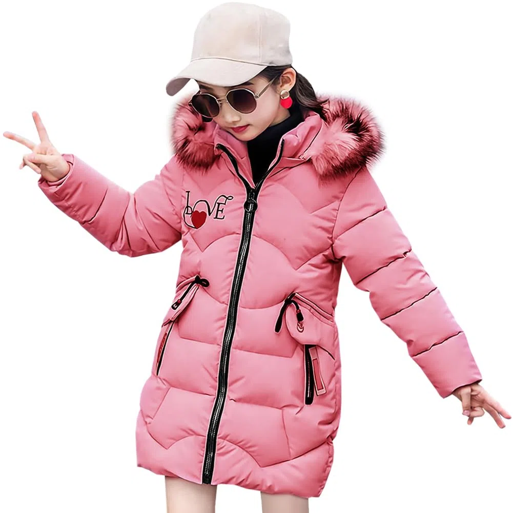 Niñas Chaqueta Slim de Invierno Línea A Abrigo de Pluma con Capucha de Pelo Ropa Caliente Acolchada de Algodón