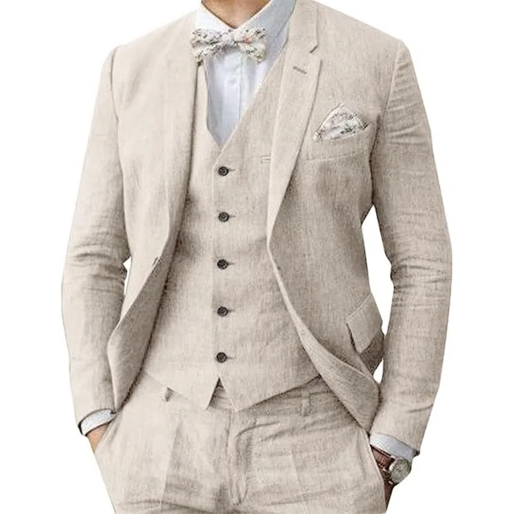 Traje de lino para hombre, 3 piezas, formal, de negocios, con solapas, para bodas, padrinos de boda, fiesta