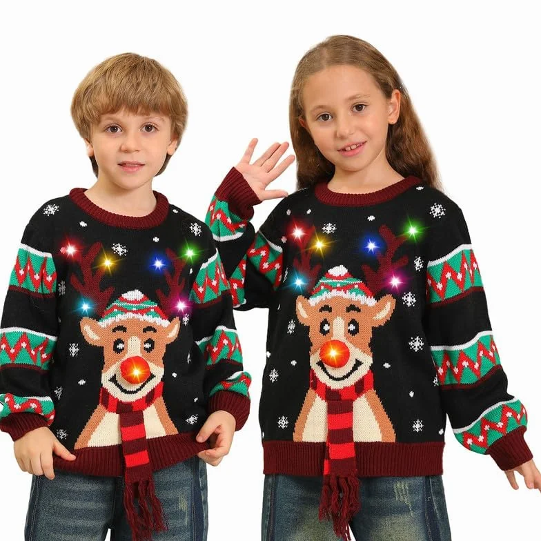 Kouric Jersey Navideño Niño con Luces,Jersey Navidad Niño/Niña con Estampado de Reno en la Nieve,Ugly Christmas Sweater,Jerseys Navideños con Luces,Suéter Navideño Gracioso,Christmas Jumper