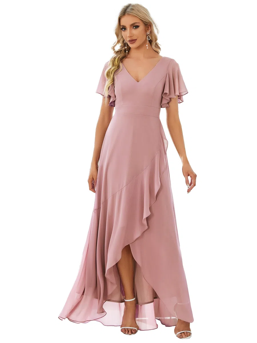 Ever-Pretty Vestido de Fiesta Escote en V Manga Volantes A-línea sin Respaldo Alto Bajo Largo sin Elasticidad para Mujer Elegantes 01749