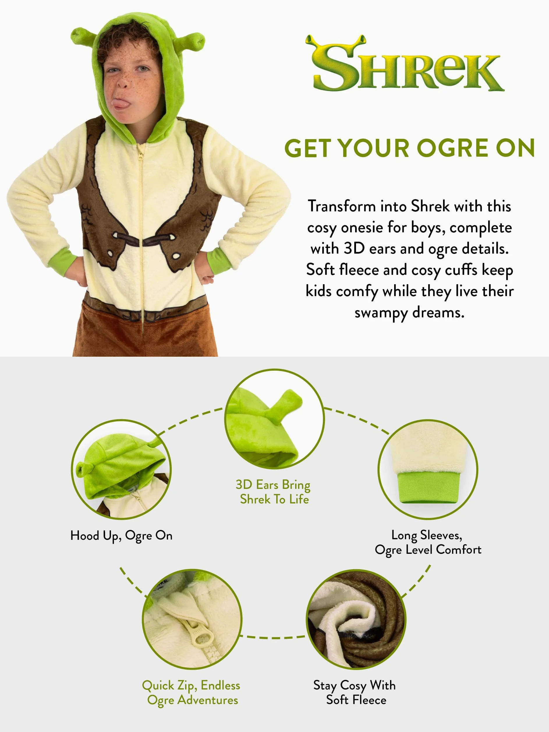 DreamWorks Pijama de Shrek para niño, Mono con Orejas de Shrek en 3D, Pijama de Invierno para niño
