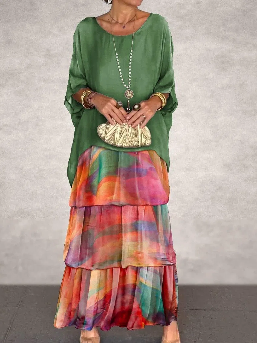 Vestido Largo de 2 Piezas de Gasa de Malla de Manga de murciélago y Cuello Redondo con Estampado Floral Bohemio, Vestido Largo con Top Suelto de Boda