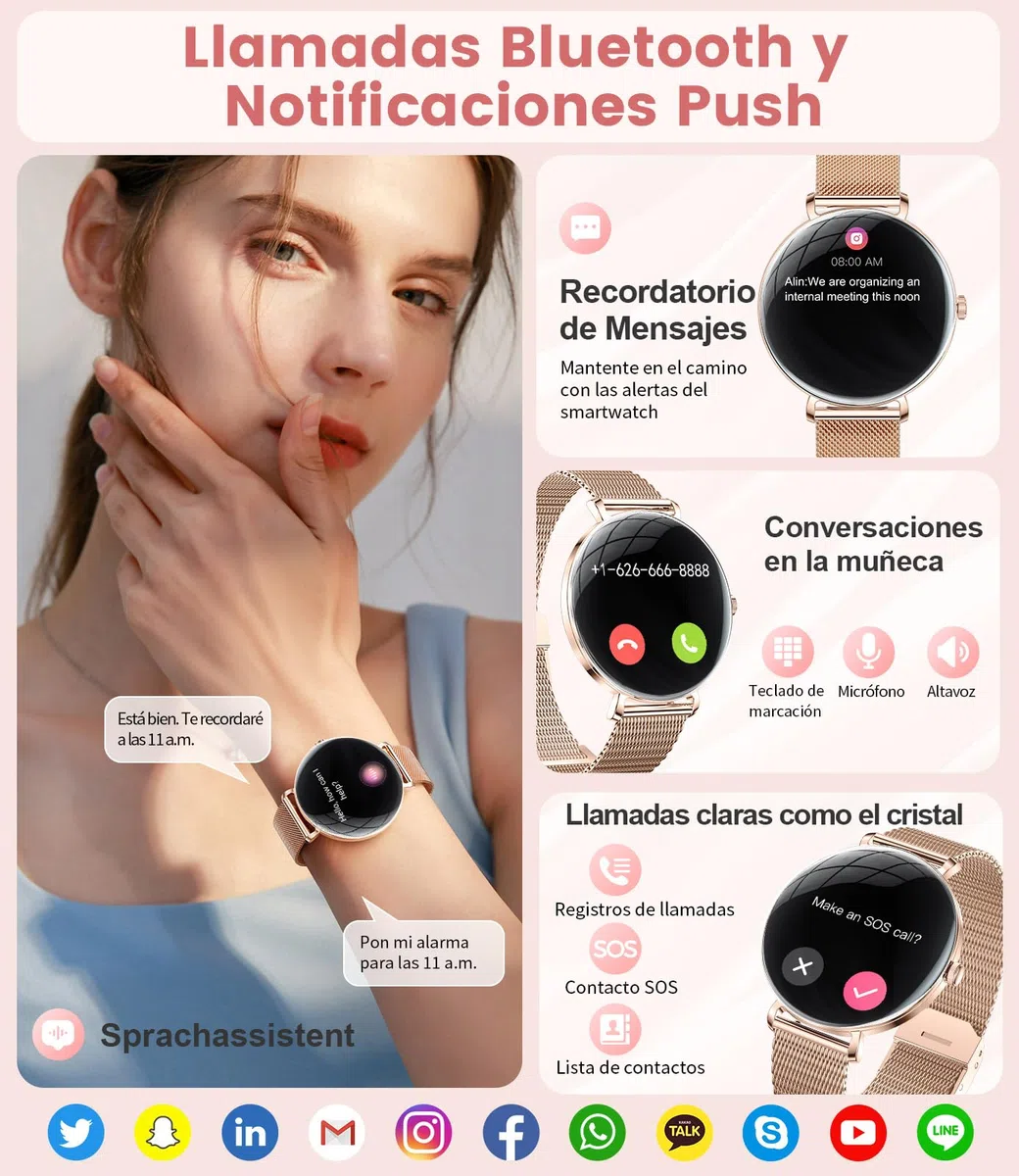 SUNKTA Reloj Inteligente Mujer Ligero con Pantalla Curva AMOLED Ultra Fina Bluetooth Llamadas IP68 Impermeable Podómetro/Frecuencia Cardíaca 100+ Modos Deportivos Elegante Smartwatch para Android iOS